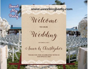 Rustic Wedding Welcome Sign,Lace Burlap Welcome sign,(029w) 